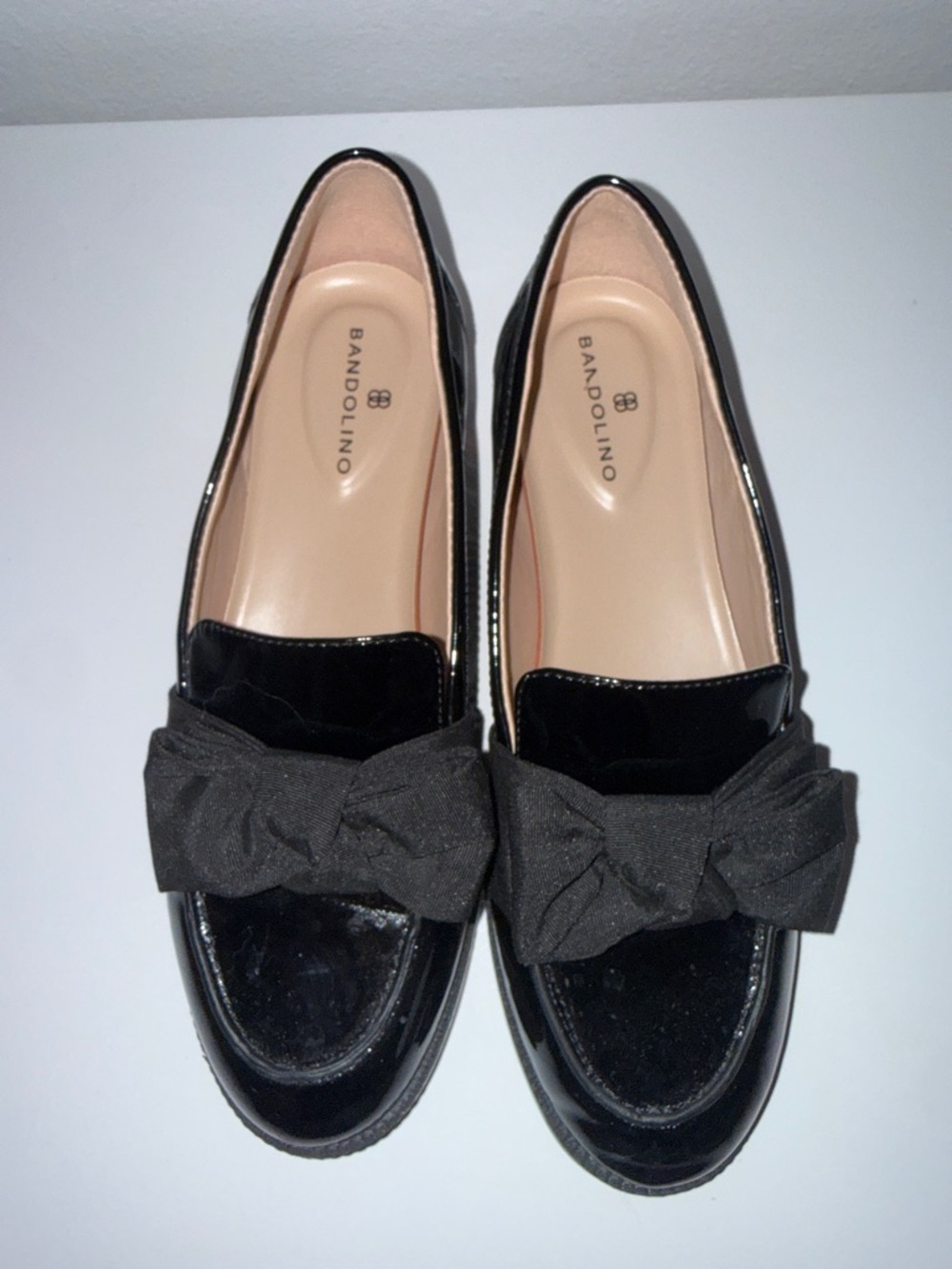Bandolino Black Patent Loafers with Fabric Bow
